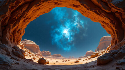 Breathtaking view of galaxy from inside a cave, majestic desert landscape
