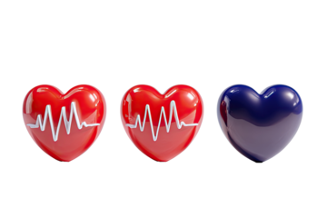 Three stylized hearts, two red, one blue, with a heartbeat graphic