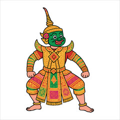 Colorful vector illustration of a traditional Thai Khon masked dancer in an ornate Ramakien-style costume and tall headdress. Green-faced warrior pose with intricate patterns and flat