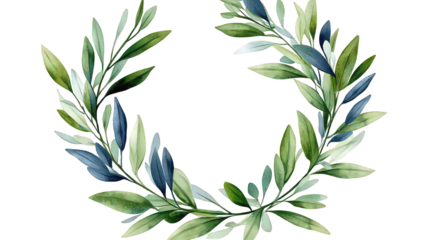 Watercolor wreath of green and blue leaves with a white background creating a circular frame