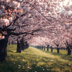 Fototapeta premium Serene Alley of Blooming Cherry Blossom Trees in Spring Sunlight
