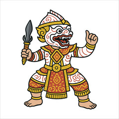 Colorful vector of a traditional Thai Khon monkey warrior (Hanuman) in ornate Ramakien costume, holding a dagger in a dynamic pose
