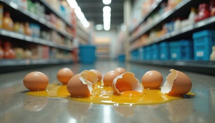 Broken eggs with spilled yolk, shells rubbish supermarket aisle. Accidental mess on grocery store floor suggests retail problem mishap. Raw ingredients create messy situation, bankruptcy damage.