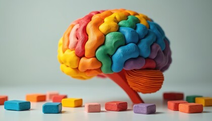 Colorful wooden puzzle brain model represents neurodiversity, creativity. Features vibrant sections different aspects of mind, perfect for concepts related to intellect, psychology, mental health