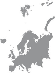 Monochromatic gray map of Europe, including islands, against a white background, presented in a simple, illustrative style with a neutral, informative mood.