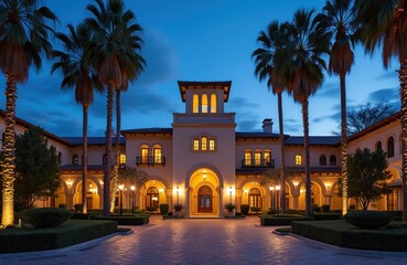 Luxurious resort entrance at twilight. Grand Mediterranean architecture with palm trees lining the driveway. Illuminated building facade evokes elegance and relaxation, perfect for vacation travel.