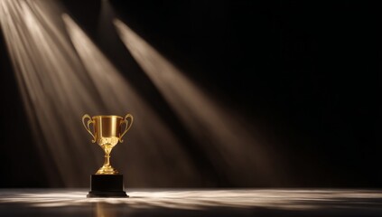 Golden Trophy Cup on Dark Stage Under Spotlights