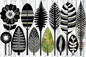 Abstract leaves and flowers, black and white, gray, green