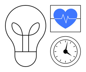 Light bulb with leaf symbol, heartbeat monitor, and analog clock. Ideal for ideas, ecology, health, productivity, efficiency technology wellbeing. Minimalist flat representation and simple flat