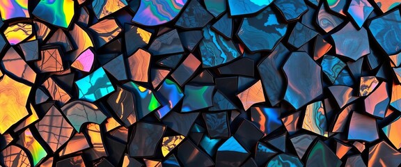 Dark, iridescent mother-of-pearl fragments form an abstract mosaic, shimmering with deep, shadowy hues,  tiles,  close up