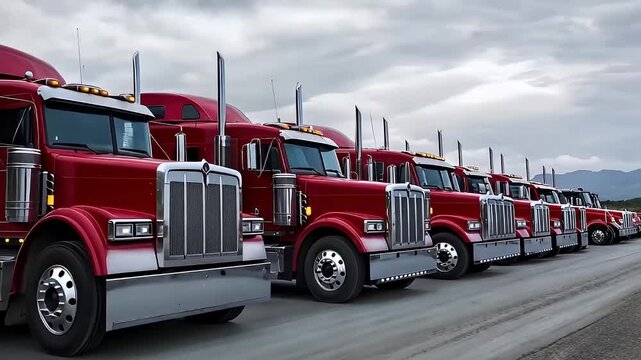 Row Of Burgundy Semi Trucks Standing Side By Side At A Truckstop Under A Cloudy Sky In Daytime Delivering Commerce And Trade