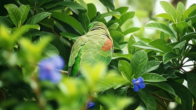 Green parrot perched amongst lush green foliage, with a hint of blue flowers nearby