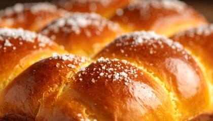 Close-up of a Golden Brown Braided Challah Bread with Sprinkled Sugar