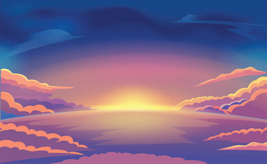  A peaceful, colorful vector illustration of a sunrise over a soft, cloud-filled horizon
