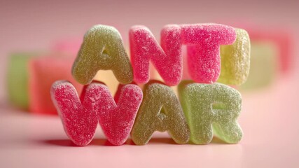 Anti war and peace concept, Colorful candy letters spell "ANTI WAR" on a pink background.
