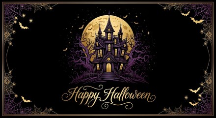 Elegant Happy Halloween Greeting Card Background with Haunted House and Full Moon