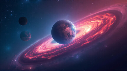 Spectacular cosmic scene of an exoplanet with vibrant ring system and nebula