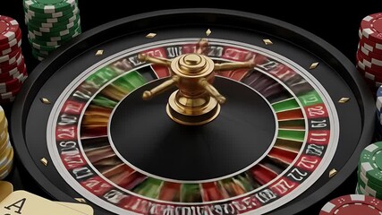 A roulette wheel spins amidst stacks of casino chips and playing cards - Powered by Adobe