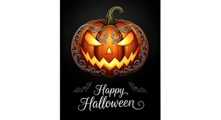 Elegant Halloween Greeting Card with Carved Pumpkin and Decorative Elements on Black Background