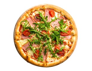 Round pizza with ham, salami, and arugula