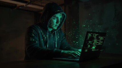 Hooded figure, mask covered with digital code, types at a laptop in a dark room - Powered by Adobe