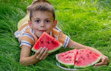 Happy child eating watermelon outdoors in summer grass