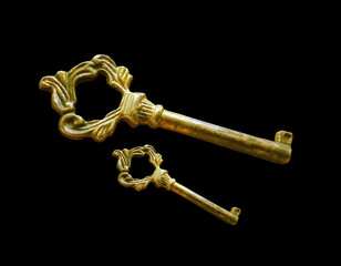 Realistic two old iron golden key isolated black background for graphic design. illustration stock photo