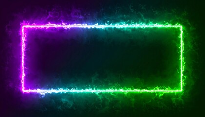 ネオン 光 フレーム 枠 境界線 輝き 抽象的 エフェクト グラデーション 紫 青緑 緑 暗闇 背景 空間 稲妻 エネルギー 稲妻