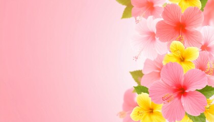 Obraz premium ハイビスカス ピンク 花 黄色 植物 南国 夏 優しい 柔らかい パステルカラー 葉 グラデーション 壁紙 背景 明るい 華やか 飾り 可愛い 癒し