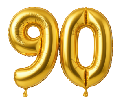 Gold number 90 balloons for celebration.