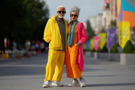 Stylish elderly caucasian couple in vibrant fashion on urban street - Powered by Adobe