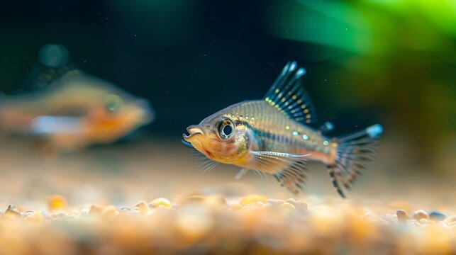 Close up of a colorful dwarf ram cichlid fish in an aquarium