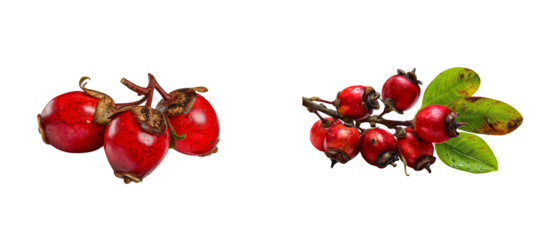 Pair of ripe red fruits with attached stems and leaves against a black background, cut out transparent