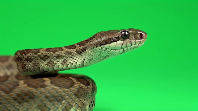 Close-up of a patterned snake with its head raised, isolated on a vibrant green screen background