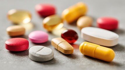 High definition photo of collection of various pills and drugs designed to enhance immunity, featuring medical preparations on a flat surface. These pills serve as important aids for.