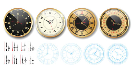 Set of Realistic Vintage Clock golden colored or Ornate Clock Hands Collection isolated.