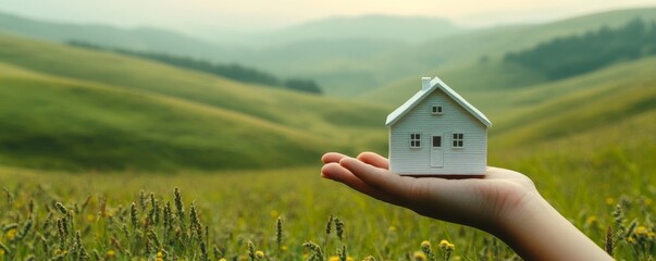 Tranquil countryside scene, showcasing a hand presenting a miniature white house against a serene backdrop of a picturesque green meadow with rolling hills. This image symbolizes, Generative AI