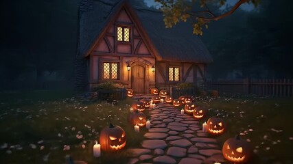 Illuminated pumpkins line a path leading to a thatchedroof house at night - Powered by Adobe