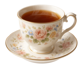 Floral tea cup and saucer filled with steaming tea.