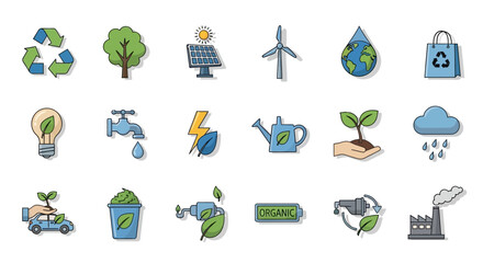 Eco-friendly icons set renewable energy, green technology and sustainability