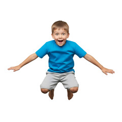 Excited young boy mid-air with arms outstretched, pure joy and energy captured in a dynamic leap, perfect for conveying childhood exuberance and active lifestyle themes
