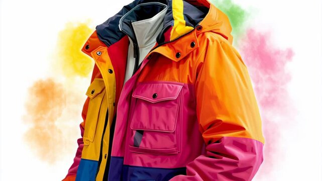 Colorful winter jacket displayed in a dynamic sequence, showcasing vibrant hues and detailed textures, highlighting the stylish design and craftsmanship in a visually engaging manner
