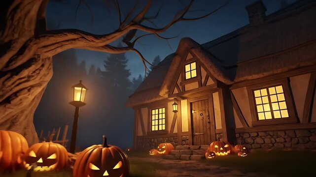 Spooky Halloween night with glowing pumpkins and a cottage
