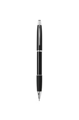 Ballpoint pen black with chrome accents isolated on black background, vertical front view