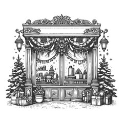 shop decorated for Christmas, featuring wreaths, reindeer figures, garlands, and wrapped gifts outside sketch engraving generative ai vector illustration. Scratch board. Black and white image.