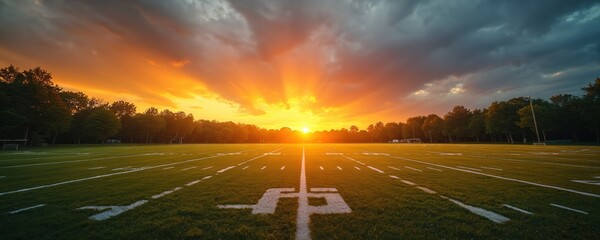 Football field during dramatic sunset. Sun rays burst through cloudy sky above green grass, marking lines on sports turf. Trees form dark horizon line. Evening sky glows orange, yellow.