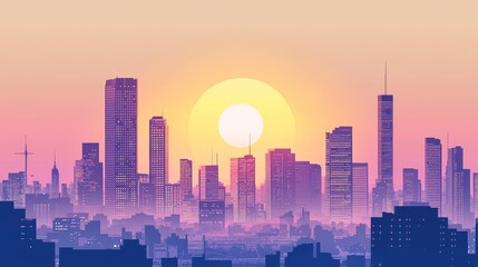 Obraz premium Tall Buildings Silhouetted Against a Radiant Sunset