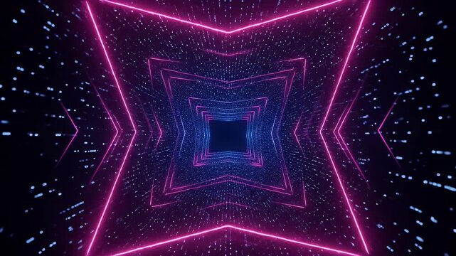Futuristic neon geometric tunnel with shimmering particles