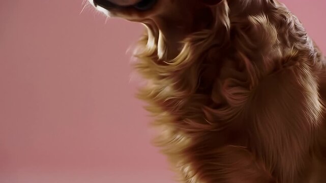 Low angle, blurred image of a golden dog's fur and head against a pink background