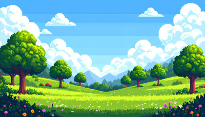 Naklejka premium pixel art of landscape green field with trees and clouds